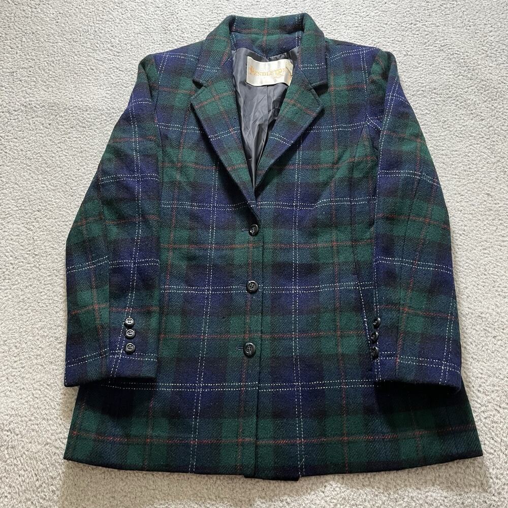 Pendleton Blazer Women 14 Black Watch Vintage Virgin Wool Green Plaid 70s Preppy